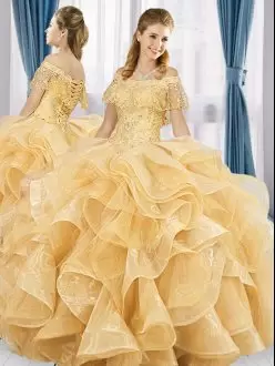 Suitable Gold Ball Gowns Off The Shoulder Sleeveless Organza Floor Length Lace Up Beading and Ruffles Quince Ball Gowns