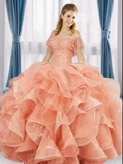 Enchanting Organza Off The Shoulder Sleeveless Lace Up Beading and Ruffles Vestidos de Quinceanera in Peach