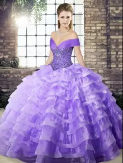 Excellent Lavender Sleeveless Beading and Ruffled Layers Lace Up Quinceanera Dress Off The Shoulder
