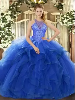 Excellent Ball Gowns Sweet 16 Quinceanera Dress Blue High-neck Organza Sleeveless Floor Length Lace Up