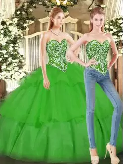 Dramatic Green Lace Up Quinceanera Gown Beading and Ruffled Layers Sleeveless Floor Length