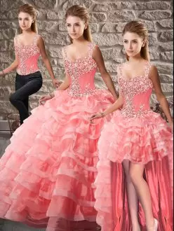 Court Train Ball Gowns Sweet 16 Quinceanera Dress Watermelon Red Straps Organza Sleeveless Lace Up