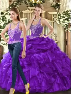 Stunning Eggplant Purple Tulle Lace Up Straps Sleeveless Floor Length Quinceanera Gowns Beading and Ruffles