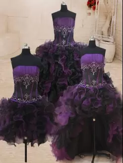 Sweet Floor Length Black and Purple Quinceanera Dress Organza Sleeveless Beading and Ruffles