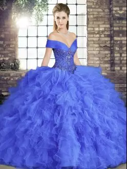 Blue Ball Gown Prom Dress Military Ball and Sweet 16 and Quinceanera with Beading and Ruffles Off The Shoulder Sleeveless Lace Up