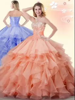 Trendy Floor Length Lace Up 15th Birthday Dress Orange for Military Ball and Sweet 16 and Quinceanera with Beading and Ruffles