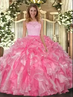 Artistic Lace and Ruffles Vestidos de Quinceanera Hot Pink Clasp Handle Sleeveless Floor Length