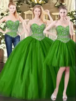 Unique Dark Green Sleeveless Beading Floor Length Quinceanera Dresses