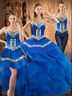 Cute Blue Sleeveless Floor Length Embroidery and Ruffles Lace Up Quinceanera Gown Sweetheart