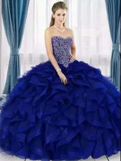 Glamorous Royal Blue Ball Gowns Tulle Sweetheart Sleeveless Beading and Ruffles Floor Length Lace Up Quinceanera Gowns