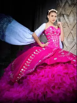 Custom Designed Fuchsia Sleeveless Embroidery and Ruffles Lace Up Quinceanera Dress Sweetheart