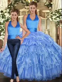 Sleeveless Organza Floor Length Lace Up Sweet 16 Quinceanera Dress in Baby Blue with Ruffles and Pick Ups
