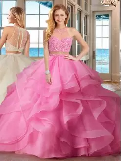 Organza High-neck Sleeveless Brush Train Lace Up Beading and Ruffles Ball Gown Prom Dress in Baby Pink
