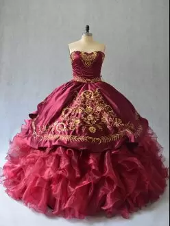 Burgundy Strapless Neckline Beading and Embroidery Sweet 16 Dresses Sleeveless Lace Up