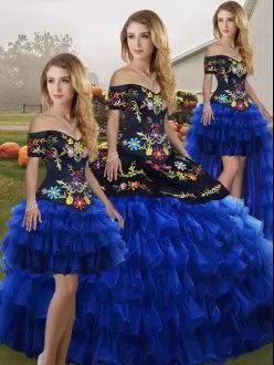 Blue And Black Sleeveless Floor Length Embroidery and Ruffled Layers Lace Up Sweet 16 Quinceanera Dress Off The Shoulder