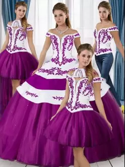Beauteous White And Purple Ball Gown Prom Dress Military Ball and Sweet 16 and Quinceanera with Embroidery Off The Shoulder Sleeveless Lace Up