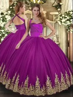 Shining Fuchsia Tulle Lace Up 15th Birthday Dress Sleeveless Floor Length Embroidery