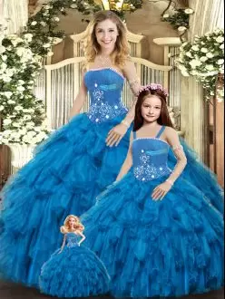Wonderful Blue Sleeveless Floor Length Beading and Ruffles Lace Up Quinceanera Gowns Strapless