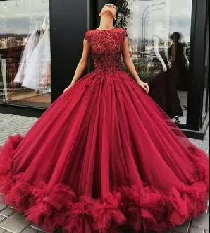 Burgundy Scoop Lace Up Beading and Appliques 15 Quinceanera Dress Cap Sleeves