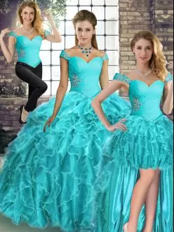Chic Aqua Blue Organza Lace Up Off The Shoulder Sleeveless Quinceanera Gowns Brush Train Beading and Ruffles