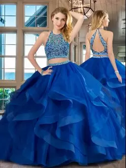Exquisite Floor Length Royal Blue Quince Ball Gowns Scoop Sleeveless Backless