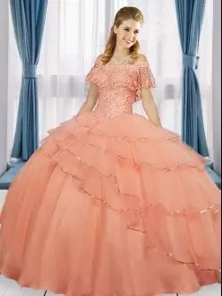 Eye-catching Peach Short Sleeves Floor Length Beading and Ruffled Layers Lace Up Ball Gown Prom Dress Off The Shoulder