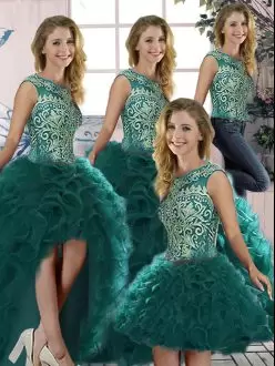 Scoop Sleeveless 15th Birthday Dress Floor Length Beading and Ruffles Peacock Green Organza