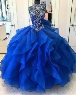 Royal Blue Beaded Tops Ruffled Bottom High Neck Quinceanera Dress Illusion