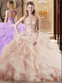 Low Price Peach Tulle Lace Up Sweet 16 Quinceanera Dress Sleeveless Brush Train Beading and Ruffles