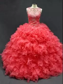 Coral Red Sleeveless Organza Lace Up Quinceanera Gown for Sweet 16 and Quinceanera