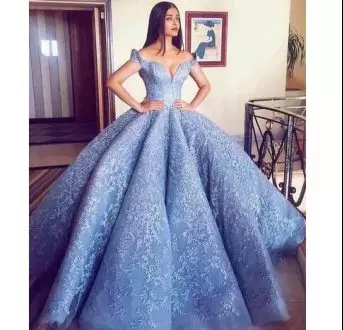 Unique Baby Blue Lace Up Off The Shoulder Appliques Sweet 16 Quinceanera Dress Tulle Sleeveless