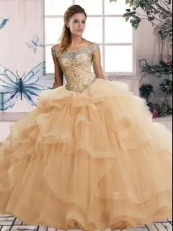 Elegant Champagne Ball Gown Quince Dress Off The Shoulder Illusion Scoop Neck Tulle Skirt