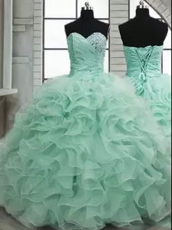 Sophisticated Apple Green Organza Lace Up 15 Quinceanera Dress Sleeveless Floor Length Beading and Ruffles