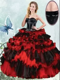 Beautiful Red And Black Lace Up Sweet 16 Quinceanera Dress Beading and Ruffled Layers Free Shipping