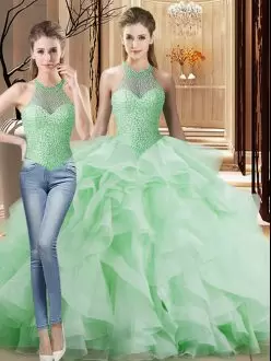 Shining Beading and Ruffles 15th Birthday Dress Apple Green Lace Up Sleeveless Brush Train