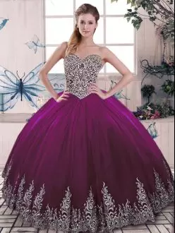 Fuchsia Ball Gowns Sweetheart Sleeveless Tulle Floor Length Lace Up Beading and Embroidery Sweet 16 Dresses