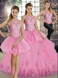 Elegant Scoop Sleeveless Sweet 16 Quinceanera Dress Floor Length Lace and Embroidery and Ruffles Rose Pink Tulle