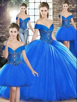 Dynamic Royal Blue Organza Lace Up Off The Shoulder Sleeveless Sweet 16 Quinceanera Dress Brush Train Beading