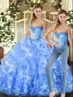 Two Pieces 15 Quinceanera Dress Baby Blue and Light Blue Sweetheart Organza Sleeveless Floor Length Lace Up