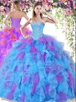 Aqua Blue and Laverder Two Tone Organza Sweet 16 Quinceanera Dress Beading and Ruffles