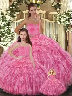 Rose Pink Ball Gowns Organza Sweetheart Sleeveless Ruffled Layers Floor Length Lace Up Ball Gown Prom Dress