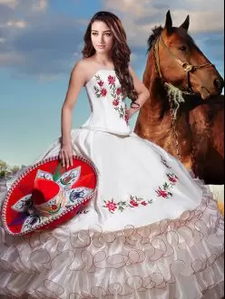 White Charro Floor Length Embroidery and Ruffled Layers Quinceanera Dress with Flowers