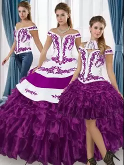 Luxurious Sleeveless Off The Shoulder Lace Up Floor Length Embroidery and Ruffled Layers Quinceanera Dresses Off The Shoulder