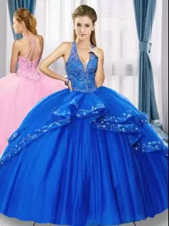 Ball Gowns Sweet 16 Quinceanera Dress Royal Blue V-neck Tulle Sleeveless Floor Length Lace Up