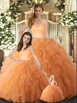 Elegant Ball Gowns Sweet 16 Quinceanera Dress Orange Sweetheart Tulle Sleeveless Floor Length Lace Up