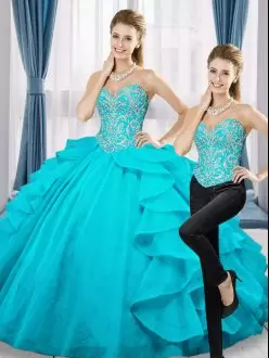 Sexy Aqua Blue Sleeveless Organza Lace Up Quinceanera Gown for Military Ball and Sweet 16 and Quinceanera