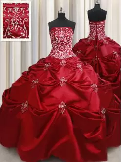 Wine Red Satin Silver embroidery Pick Up Sweet 16 Quinceanera Dress Beading Real Sample