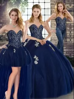 Floor Length Three Pieces Sleeveless Navy Blue Quinceanera Gown Lace Up