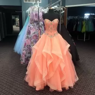 Orange Sleeveless Floor Length Beading Lace Up Quince Ball Gowns Sweetheart