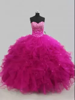 Custom Design Floor Length Fuchsia Quinceanera Gowns Sweetheart Sleeveless Lace Up
